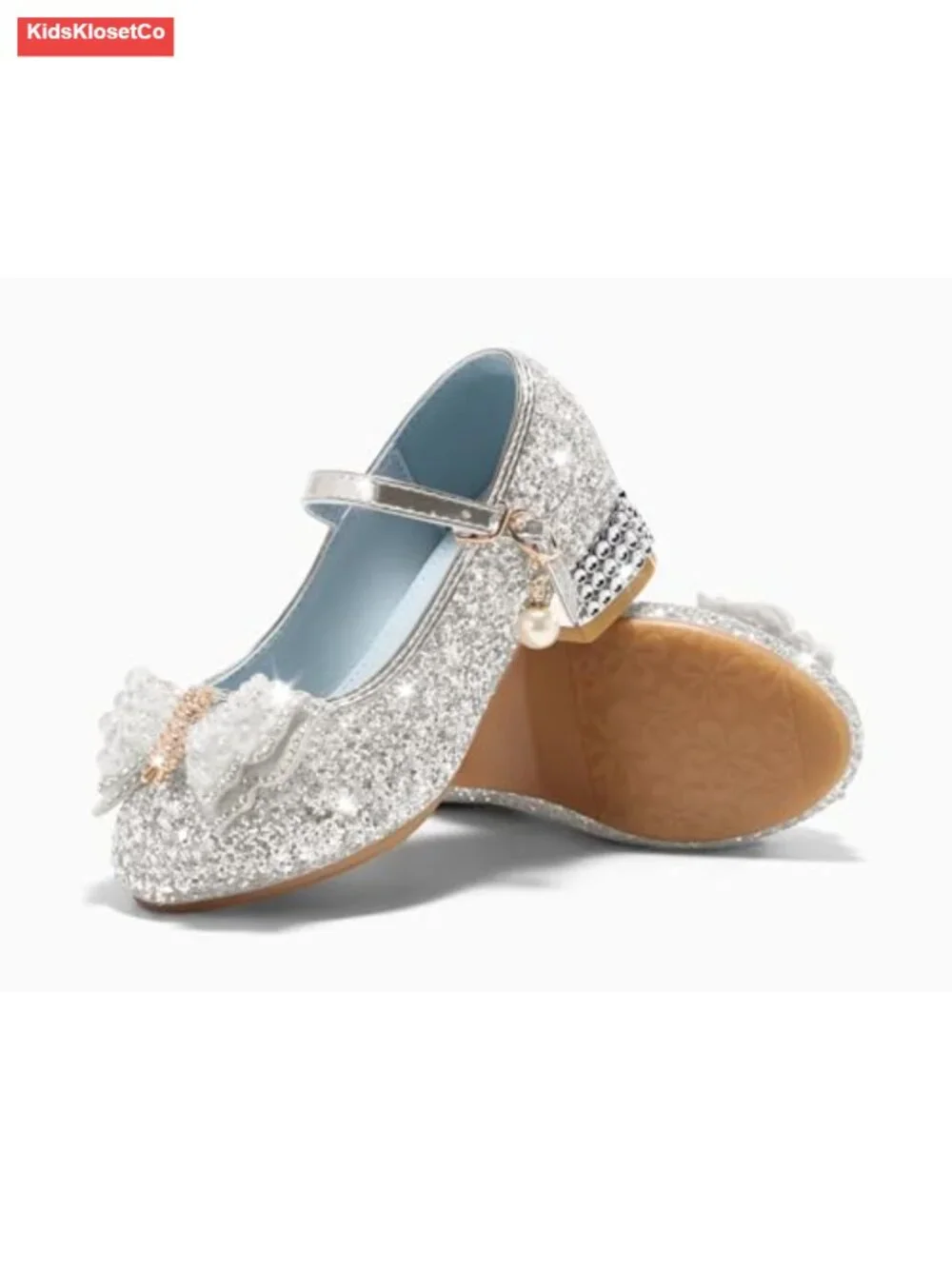 Girls Glitter Mary Jane Pumps Chunky Low Heel Princess Dress Shoes Flower Girl
